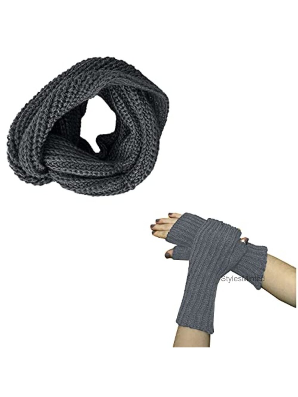 Alpaca Wool Knit Infinity Cowl Scarf and Mittens Set Handmade